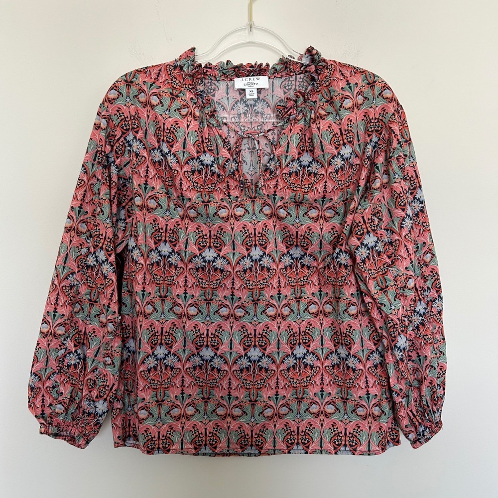 J.Crew Liberty Fabric Blouse Coral Multi XS Ruffle Tie Neck Floral BD779